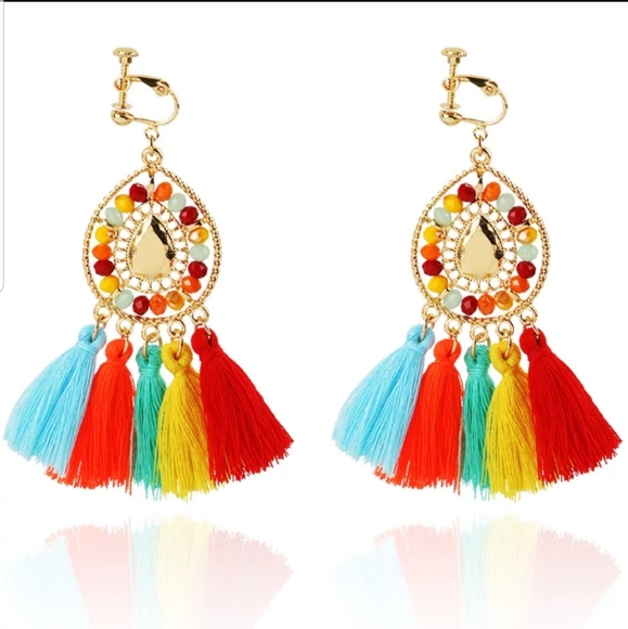 Clip On Earrings Tassel Rainbow Multicolor… - Picture 2 of 4